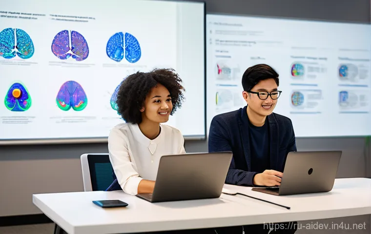 AI 개발자의 경력 개발 전략 - **Prompt:** A professional and collaborative scene depicting a diverse team of three AI professional...