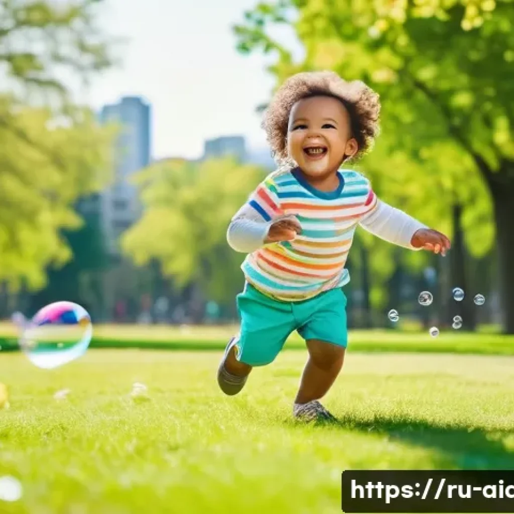 AI 개발자의 일상 - **A toddler playing in a park on a sunny day.** The child is wearing a bright, colorful outfit with ...