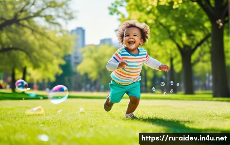 AI 개발자의 일상 - **A toddler playing in a park on a sunny day.** The child is wearing a bright, colorful outfit with ...