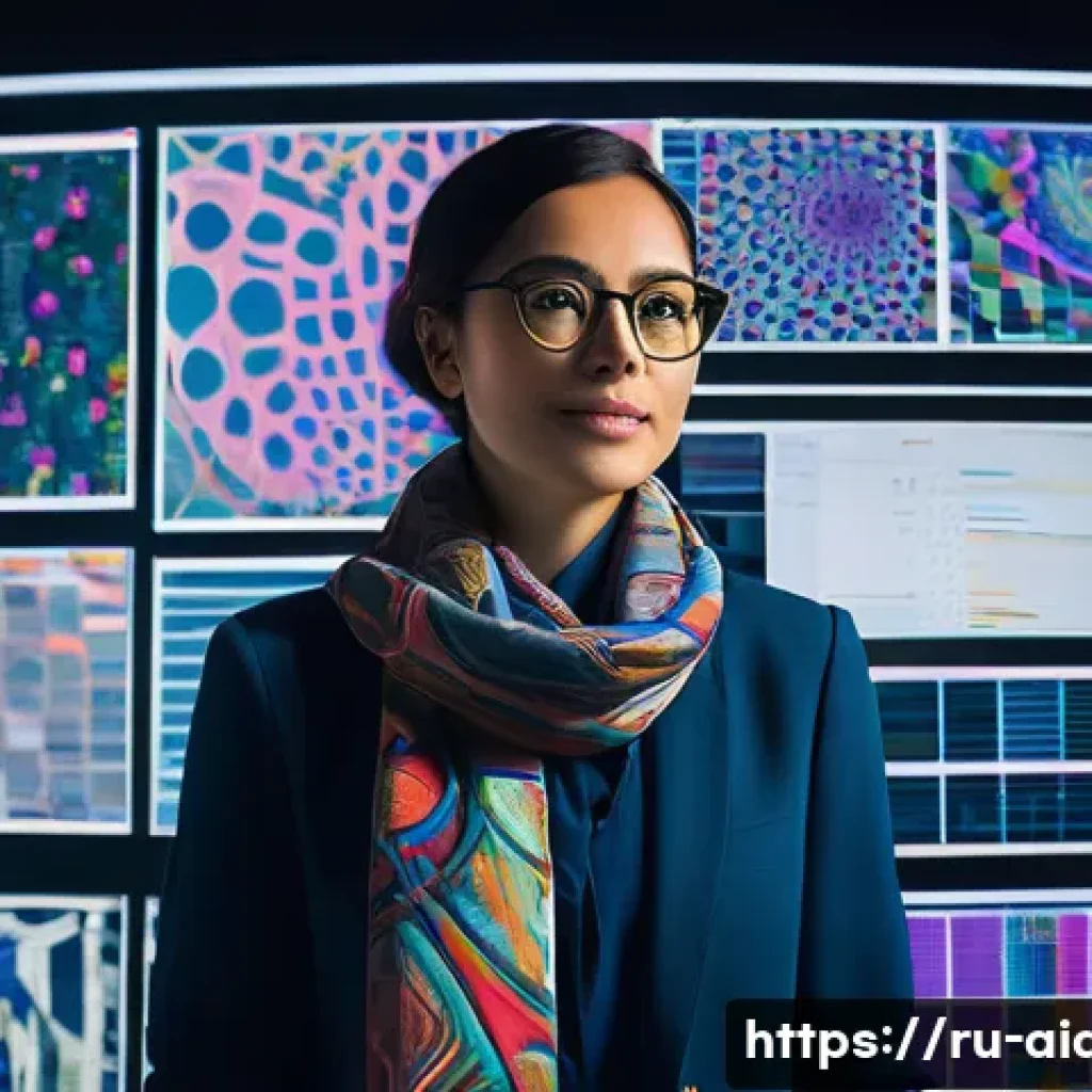 AI 개발자의 직무 특성 - **Prompt:** A creative AI developer, a woman in her mid-30s with artistic glasses and a vibrant patt...