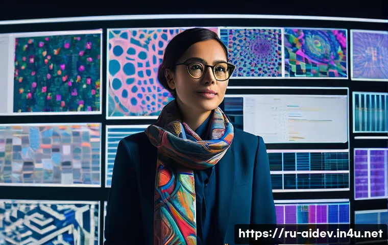 AI 개발자의 직무 특성 - **Prompt:** A creative AI developer, a woman in her mid-30s with artistic glasses and a vibrant patt...