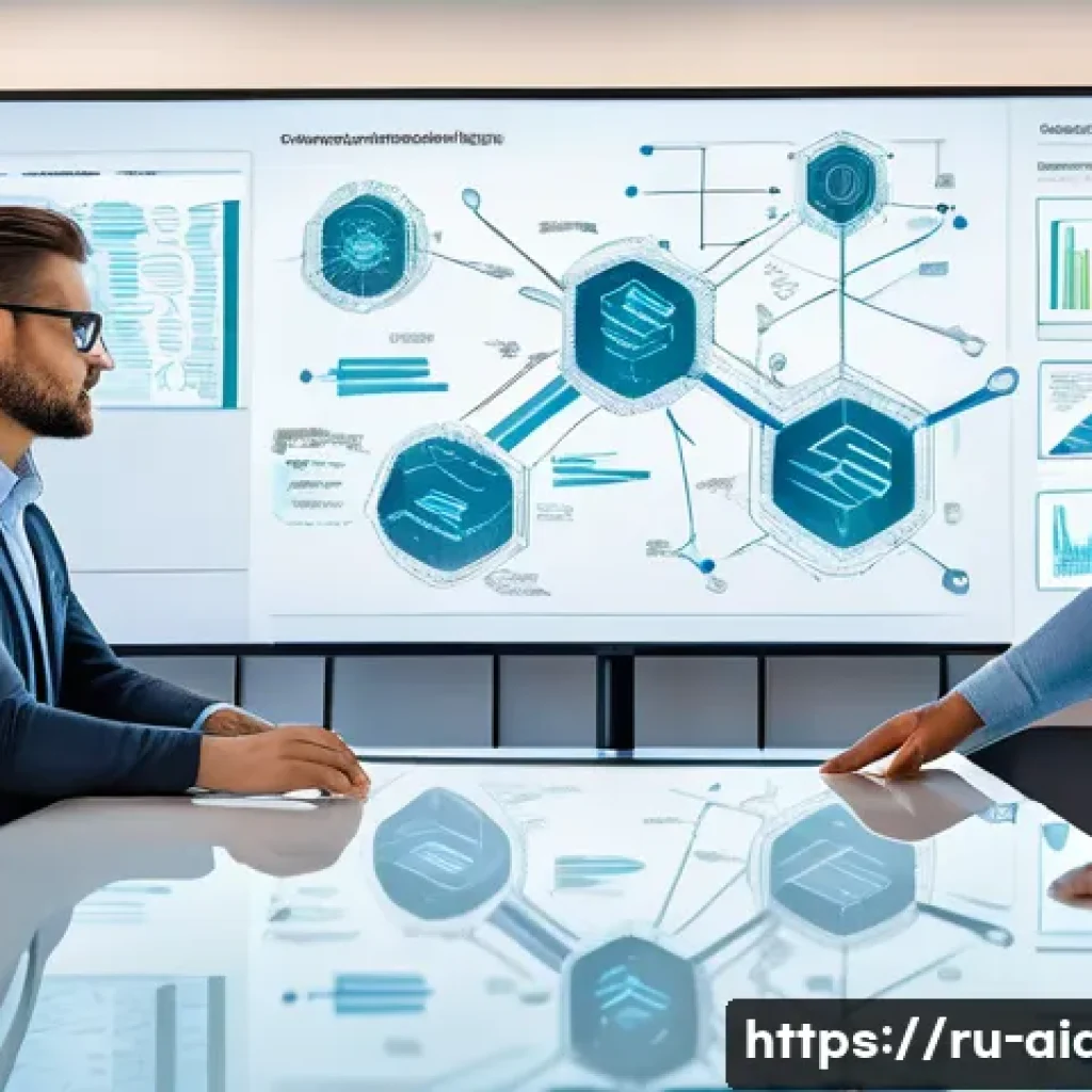 인공지능 개발자 연봉 상승 방법 - A modern office scene showing a diverse group of AI professionals collaborating around a large touch...