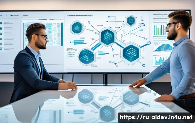 인공지능 개발자 연봉 상승 방법 - A modern office scene showing a diverse group of AI professionals collaborating around a large touch...