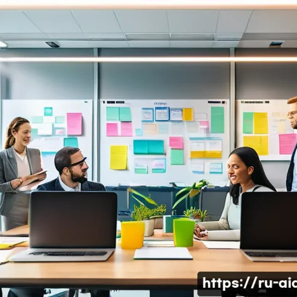 AI 개발에서의 팀워크 - A modern office scene showing a diverse international AI project team collaborating around a large t...