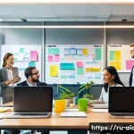Home 22 AI 개발에서의 팀워크 - A modern office scene showing a diverse international AI project team collaborating around a large t...