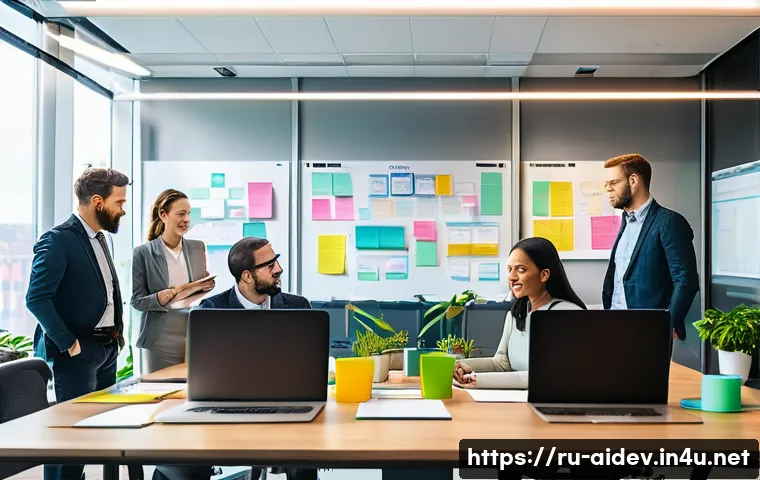 AI 개발에서의 팀워크 - A modern office scene showing a diverse international AI project team collaborating around a large t...