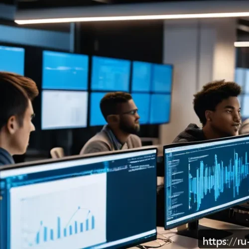 Home 33 AI 개발자 자격 취득 과정 - A professional AI developer workspace showing a diverse group of people collaborating on machine lea...