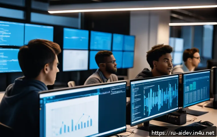 AI 개발자 자격 취득 과정 - A professional AI developer workspace showing a diverse group of people collaborating on machine lea...