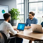 Home 19 AI 개발자 자격 취득 방법 - A modern workspace scene featuring a diverse group of young professionals collaborating on AI certif...
