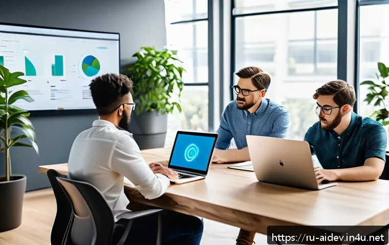 AI 개발자 자격 취득 방법 - A modern workspace scene featuring a diverse group of young professionals collaborating on AI certif...