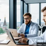 Home 18 AI 개발 실습과 프로젝트 관리 - A modern AI project team collaborating in a sleek, high-tech office environment in Moscow, featuring...