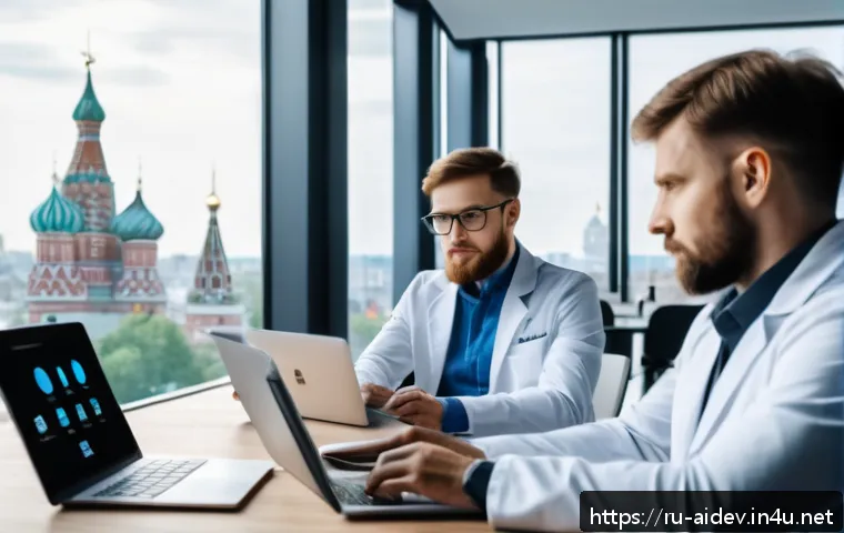 AI 개발 실습과 프로젝트 관리 - A modern AI project team collaborating in a sleek, high-tech office environment in Moscow, featuring...