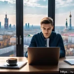 Home 23 AI 개발자로서의 자기 개발 - A modern Russian AI developer workspace featuring a young professional in casual attire working on a...