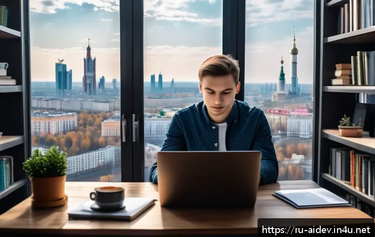 AI 개발자로서의 자기 개발 - A modern Russian AI developer workspace featuring a young professional in casual attire working on a...